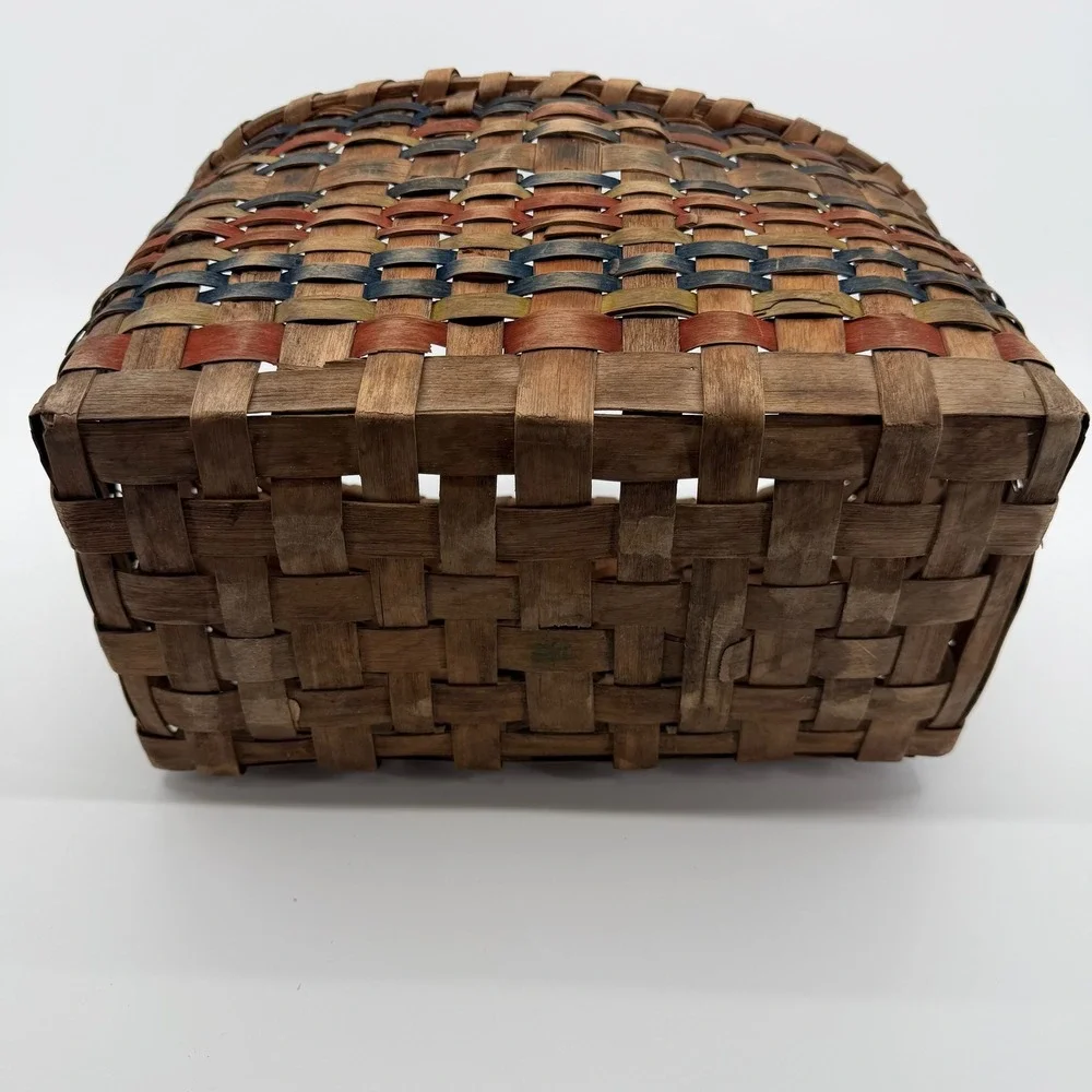 Vtg Hand Woven Splint Oak Gathering Basket Bentwood Handle Primitive Farmhouse